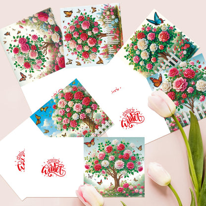 pigpigboss 6 Packs Rose Diamond Painting Greeting Cards Kit, Butterfly Rose Tree Garden Diamond Art Birthday Card with Envelope for Adult Beginner Holiday Blessing