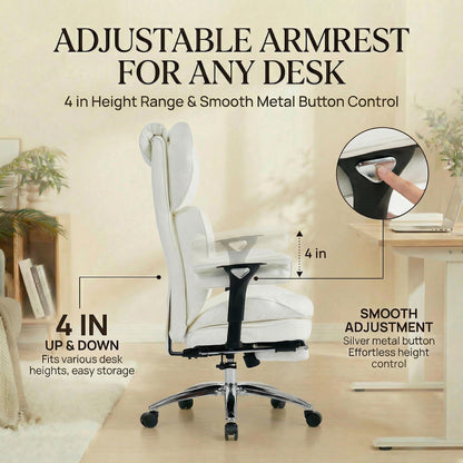 Efomao Big & Tall Executive Office Chair with Footrest - 400lbs Heavy Duty High Back PU Leather Desk Chair, Modern Ergonomic Reclining Computer Chair, White