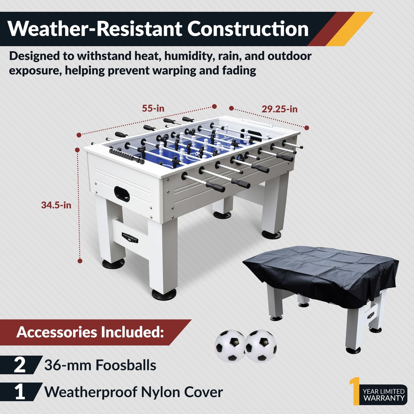 Hathaway Highlander 55-in Outdoor Foosball Table Adult Size - White Soccer Table Game Set with Waterproof Surface, Anti-Rust Rods, Ergonomic Handles, Nylon Cover, 2 Scorers, and 2 ABS Foosball Balls