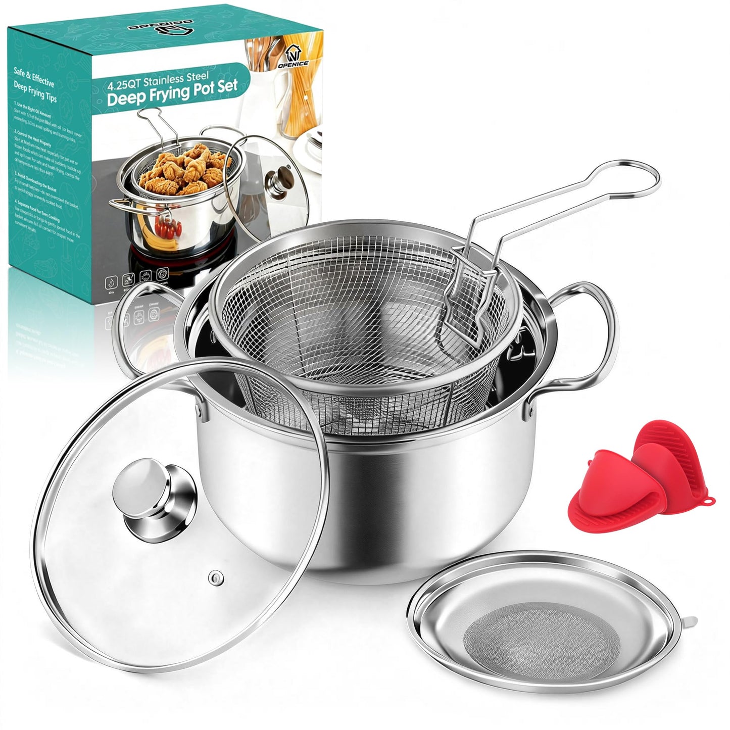 OPENICE Deep Fryer Pot with Basket, Stainless Steel Frying Pot with Basket Lid and Oil Strainer for Stove Top Frying, Boiling, 4.25qt Small Fryer Pot for 1-3 Peoples