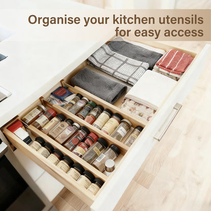Bamboo Drawer Divider Set of 4, Adjustable Spring-Loaded Drawer Organizer (16.9"-22.2"), 2.3" Height, Suitable for Kitchen, Desk, Bathroom, Clothing, and Miscellaneous Drawer Organization, Natural