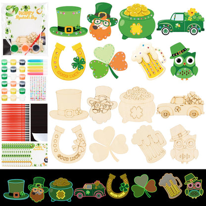 Bafeil 24 Set St. Patrick's Day Crafts for Kids - Color Your Own Art St. Patrick's Day Coloring Craft with Magnets Paints- Non-Toxic DIY Wood Paint Crafts Kits- St. Patrick's Activities for Classroom