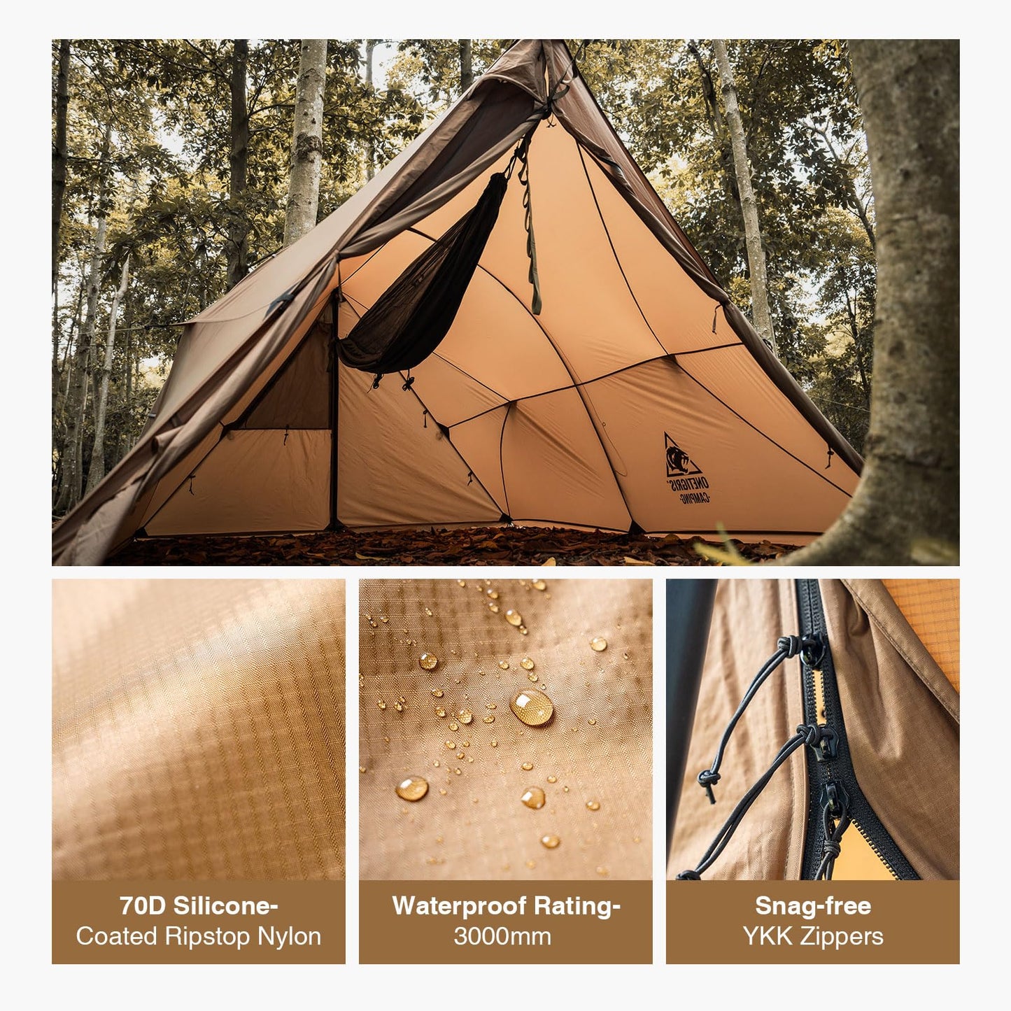 OneTigris ASH Canopy Hammock Hot Tent, Spacious Waterproof Windproof 4 Season Tent with Poles for Camping, Hiking, Bushcrafting, Survivalist, Car Trips (Coyote Brown)