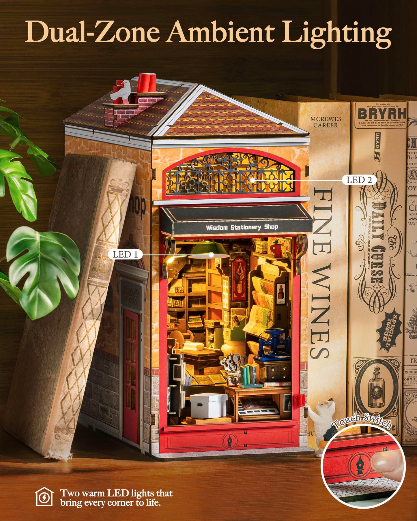 Rolife Wisdom Stationery Shop DIY Book Nook Kit, 8-Hour Advanced Level 3D Wooden Puzzle, Bookshelf Insert Decor, Miniature House Kit with LED Light, Cozy Reading Corner Gift for Adults & Book Lovers