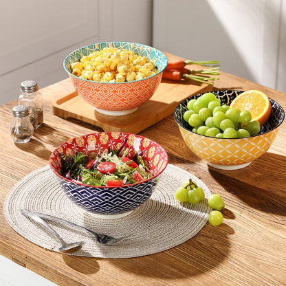 Metahom Large Salad Bowls, 48 Oz Serving Bowls for Soup, Pho, Pasta Rarmen, Stackable Ceramic Bowls for Kitchen, Set of 3, Microwave & Dishwasher Safe