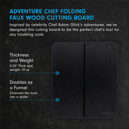 Messermeister Adventure Chef Folding Faux Wood Cutting Board, Black - Durable TPE - Resists Cold/Heat Warping, Shrinking & Swelling - Compact & Portable - 10.75 x 9.5”