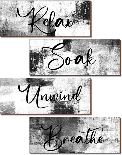 Maitys Bathroom Wall Art - Rustic 4-Piece Set for Soak, Unwind, Relax | 10 x 4 Inch Black & White Decor