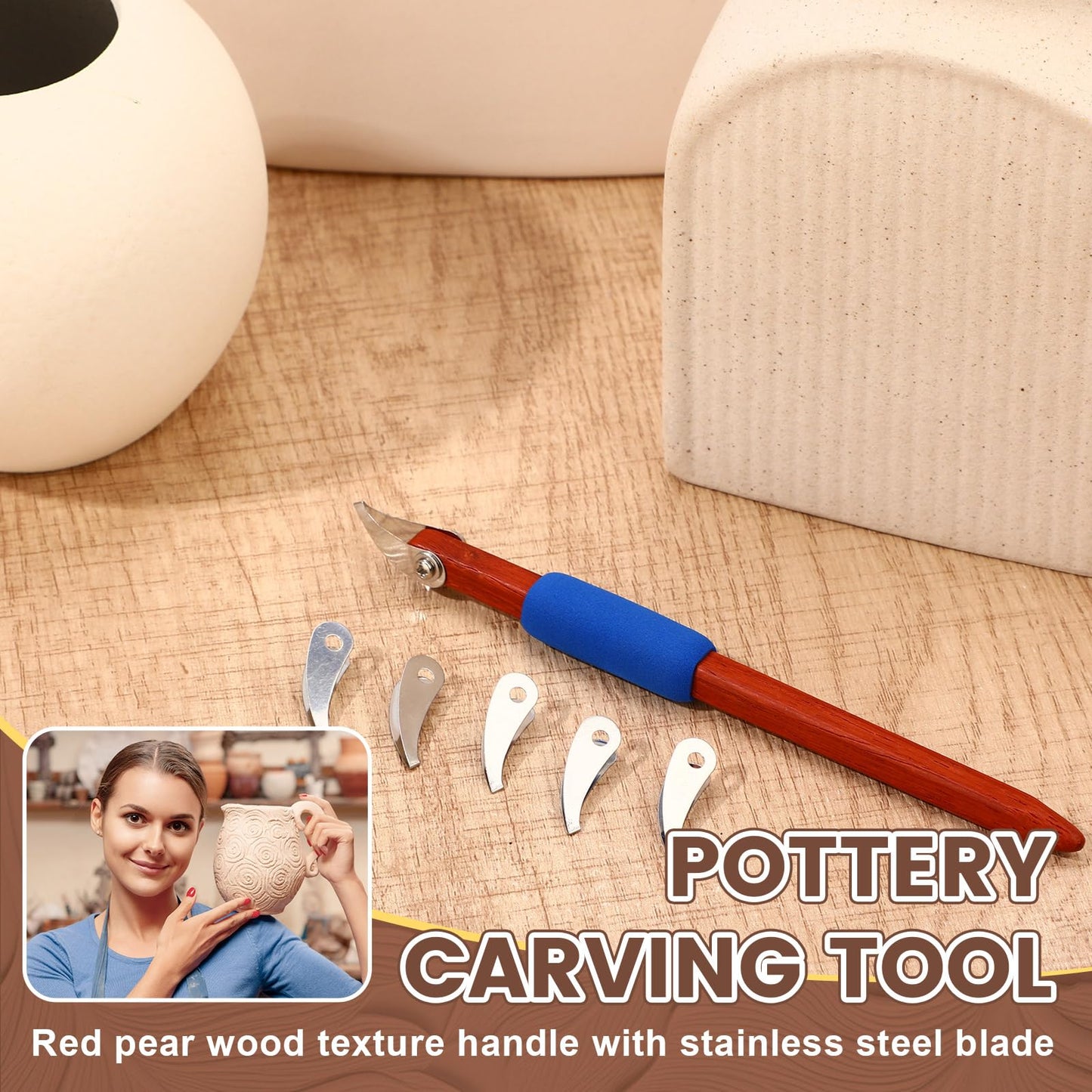 Lanties Pottery Carving Tools Set Include 5 Stainless Steel Blades & Red Pear Wood Handle, Sculpture Scraper Craft Modelling Tools for Clay, Ceramic Sculpting, Graffito, Relief Art (V-tip)