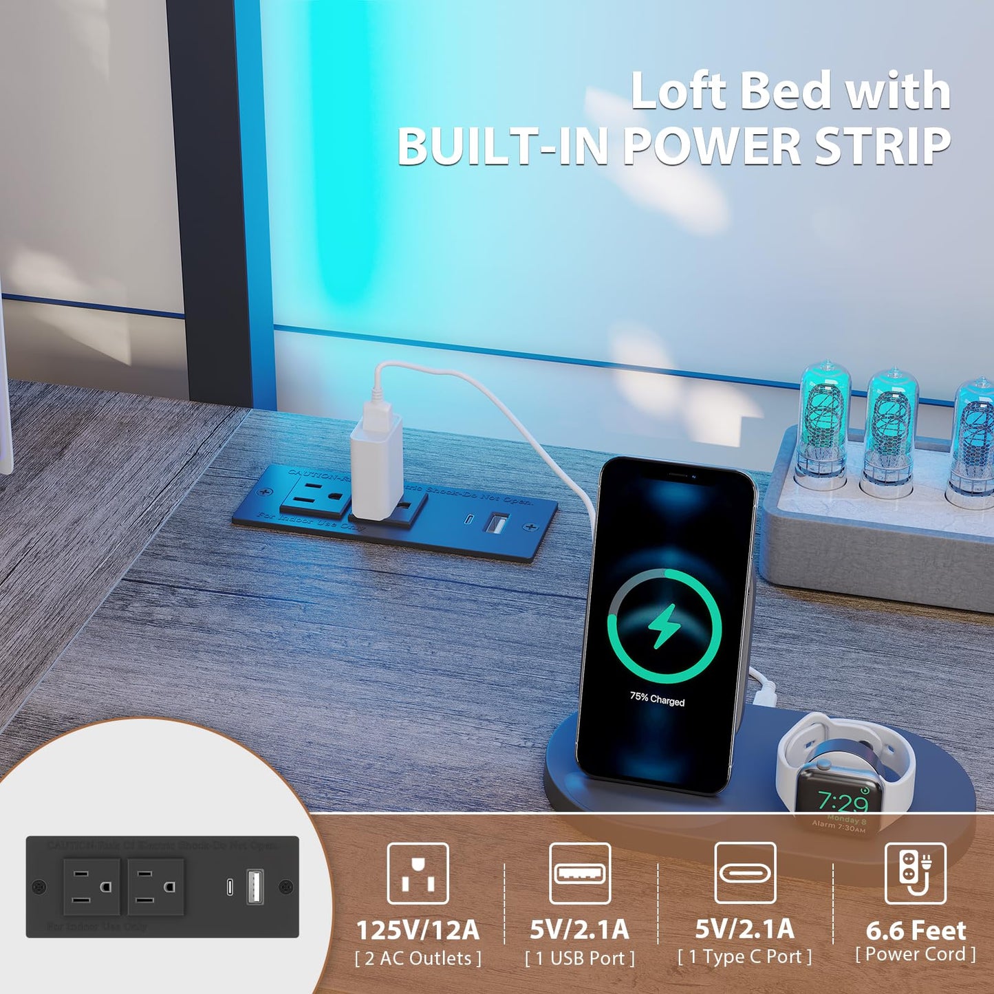 Dnxao Twin Loft Bed with Desk and 5 Storage Drawers,Loft Bed Twin Size with LED Lights and Charging Station, Metal Bunk Bed Frame with Ladder, Clothes Rail,Noise Free,Oak Gray