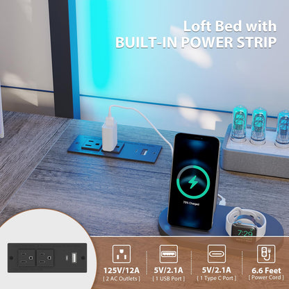 Dnxao Twin Loft Bed with Desk and 5 Storage Drawers,Loft Bed Twin Size with LED Lights and Charging Station, Metal Bunk Bed Frame with Ladder, Clothes Rail,Noise Free,Oak Gray