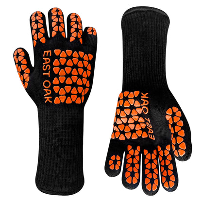 East Oak BBQ Gloves, 1472℉ Heat Resistant Gloves, Silicone Non-Slip Grill Gloves for Smoker, Fire Pits, Barbecue, Cooking, Black