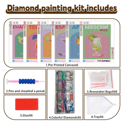 Ycydilirab 6 Pack Diamond Art Kits for Adults,Cocktail 5D Diamond Painting Kits for Adults,Beginner DIY Gem Painting Perfect for Gifts and Home Wall Decor 10x12inch