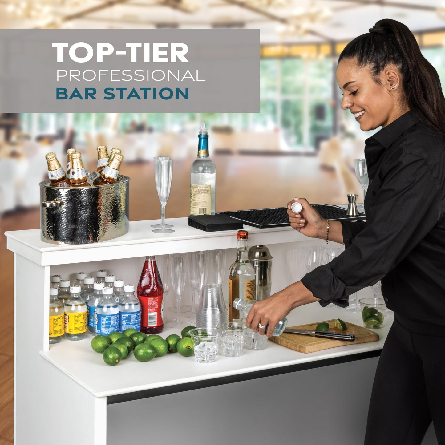 GoBar Elite Portable Bar Table for Events - Foldable Commercial Grade Wood - Pop up Mobile Bartending Station - White