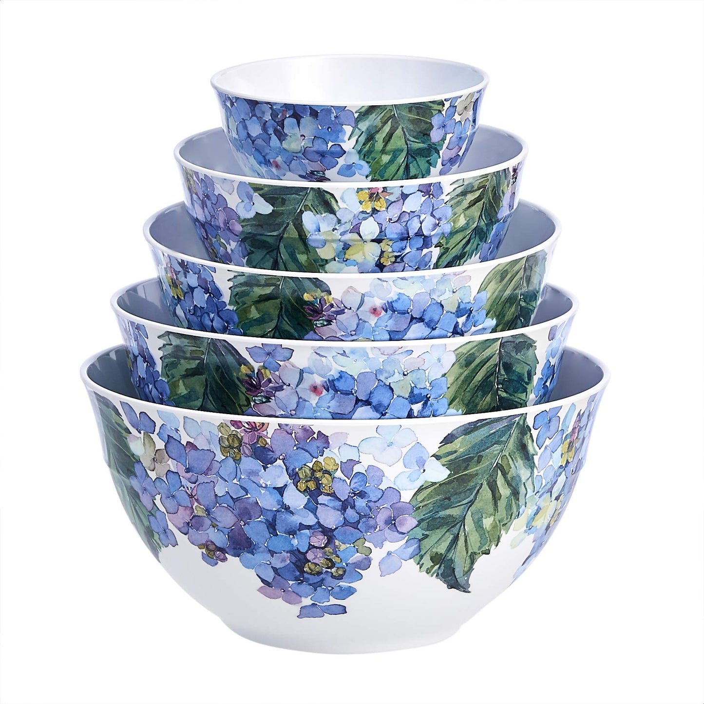 Amazon Basics Nesting Melamine Mixing Bowls with Lids and Non-Slip Base, 5 Sizes, Dishwasher Safe, BPA Free, Space Saving, Hydrangea Floral, Set of 10