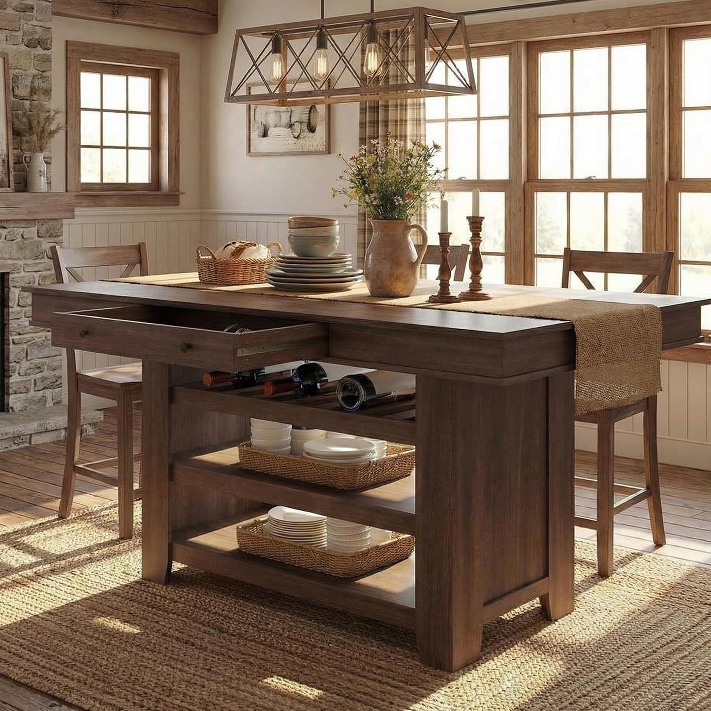 GAOMON 36" Tall Farmhouse Counter Height Dining Table for 4-6, Wooden Bar Height Kitchen Table with Thick Top, Deepened Wine Rack & Shelves, 2 Drawers, Rectangular, for Bar, Kitchen, Pub, Retro Brown