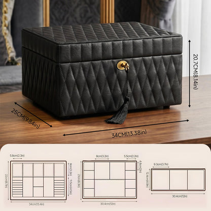 Homruilink Genuine Leather Jewelry Box - 3 Layer Large Jewelry Organizer with Mirror, Lockable Jewelry Box for Women - Necklace, Ring, Earring Organizer with Drawer - Ideal Gift (Black)