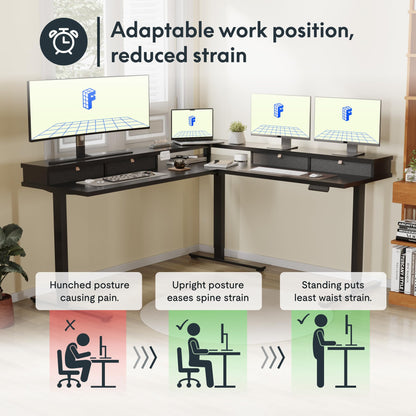 FLEXISPOT 63" L Shaped Standing Desk Electric Corner Table with Monitor Shelf, 4 Storage Drawers, Adjustable Computer Workstation for Home, Office, Game, Studio, Black Top + Black Frame