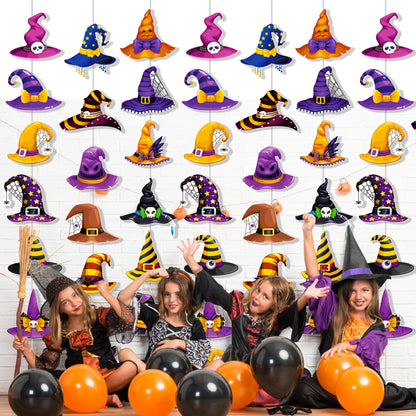 Halloween Witch Hat Garlands Halloween Party Supplies 8PCS Pre-Strung Witch Hanging Paper Garland Banners Wizard Hat Decorations for Spooky Theme Birthday Baby Shower Decor