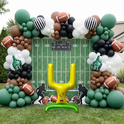 140PCS Football Party Balloon Arch Kit – Game Day Decorations with Football Foil Balloons, Referee Stripe Balloons, #1 Hand Balloons & Field Goal Post, Green Brown Black Balloon Garland