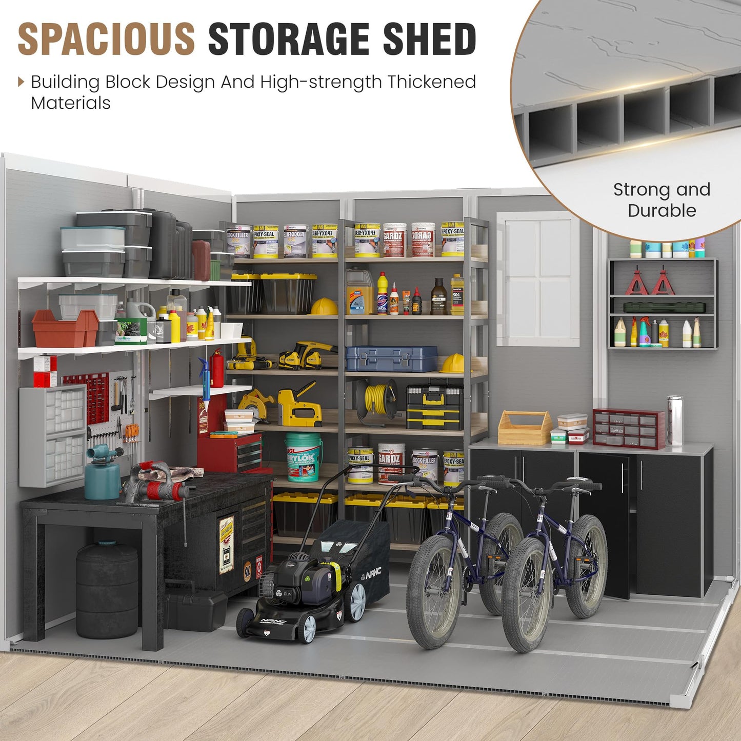 Amopatio 8x8 FT Resin Storage Shed, Outdoor Shed with Floor Included, Plastic Storage Sheds for Bike, Garden Tools, Sheds & Outdoor Storage with Lockable Door, Window & Vents, Grey & White