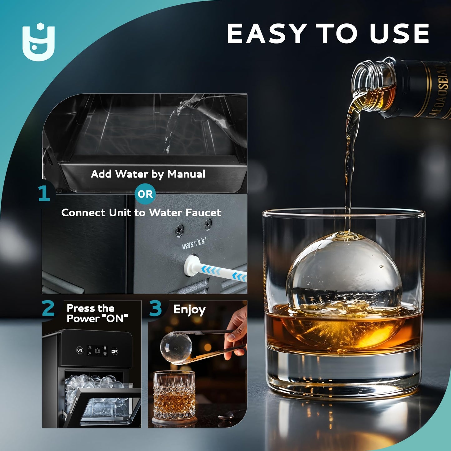 EUHOMY Ice Ball Maker Countertop, 144Pcs/day, 4Pcs Ready in 40Mins, Self-Cleaning, Sphere Ice Maker Machine with Crystal Clear Ice for Whiskey/Brandy/Rum