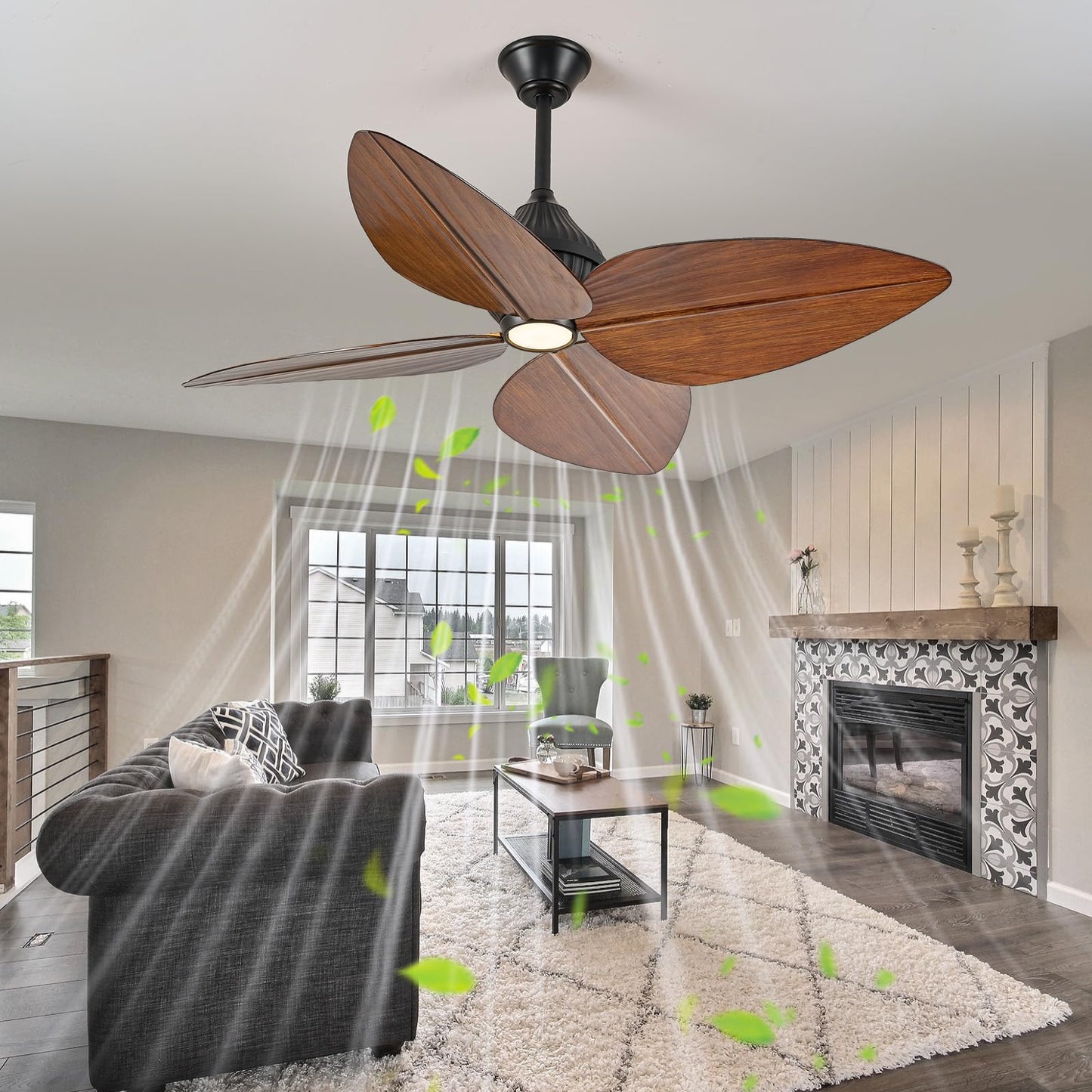 Fanyank 52“ Leaf Ceiling Fan with Light, Remote and App Control, 6 Speed Reversible, 3 Color Dimmable, Tropical Coastal Fandelier Ceiling Fans, for Bedroom, Living Room (Dark Brown)