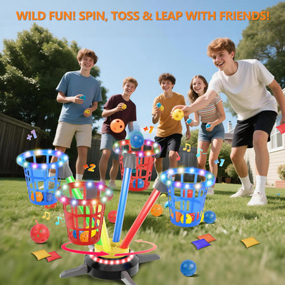 TERRAMUS 3 in 1 Bean Bag Ring Toss Game for Kids, Rechargeable Musical Jumping Games w/LED Light & Remote, Electric Spinning Base, Sandbags, Rings, Carnival Indoor Outdoor Sport Toy for 3+ Boys Girls