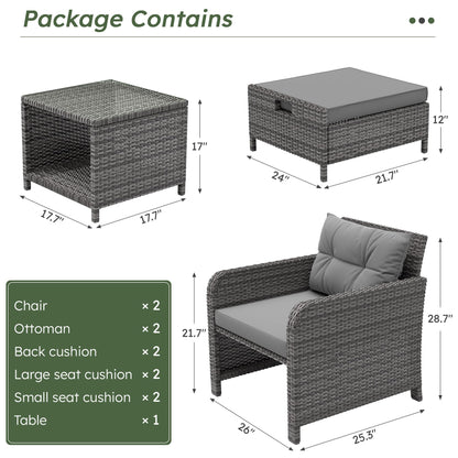 LHBcraft Balcony Furniture 5 Piece Patio Chairs Conversation Set, PE Wicker Rattan Outdoor Lounge Chairs with Soft Cushions 2 Ottoman-Glass Table for Porch, Charcoal