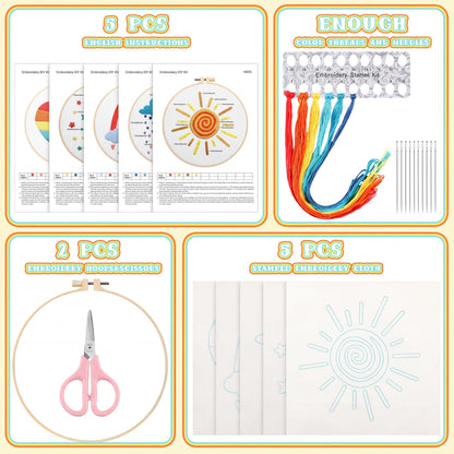 Yinder 5 Set Starter Embroidery Kit for Beginners Boho Cross Stitch with Patterns Embroidery Hoops Instructions Floss Punch Needlepoint Kits Crafts DIY Adult Beginner Cross Stitch(Rainbow)