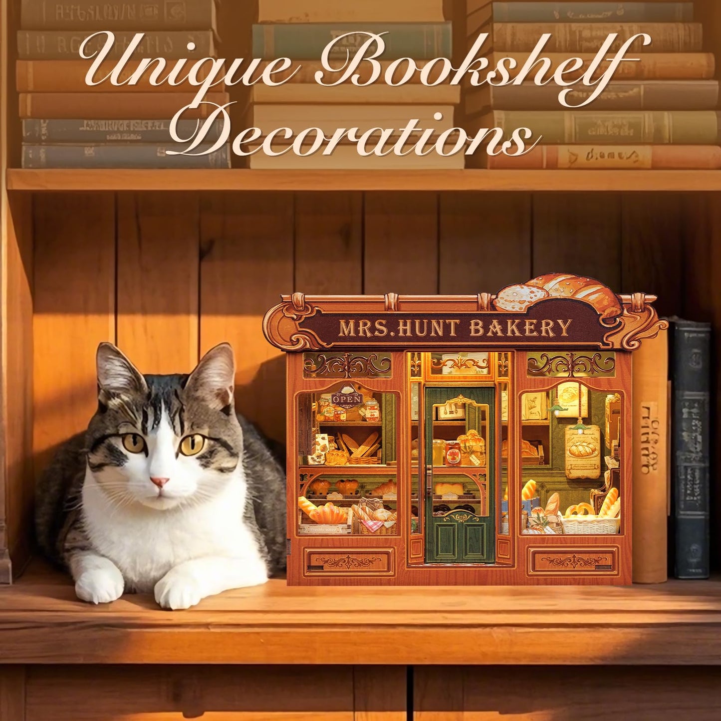 Fsolis Book Nook Kit - DIY Miniature House Kit for Adults Booknook 3D Wooden Puzzles Bookshelf Nook Decor Bakery Shop Model Gifts for Women Book Lovers (MRS.Hunt Bakery)