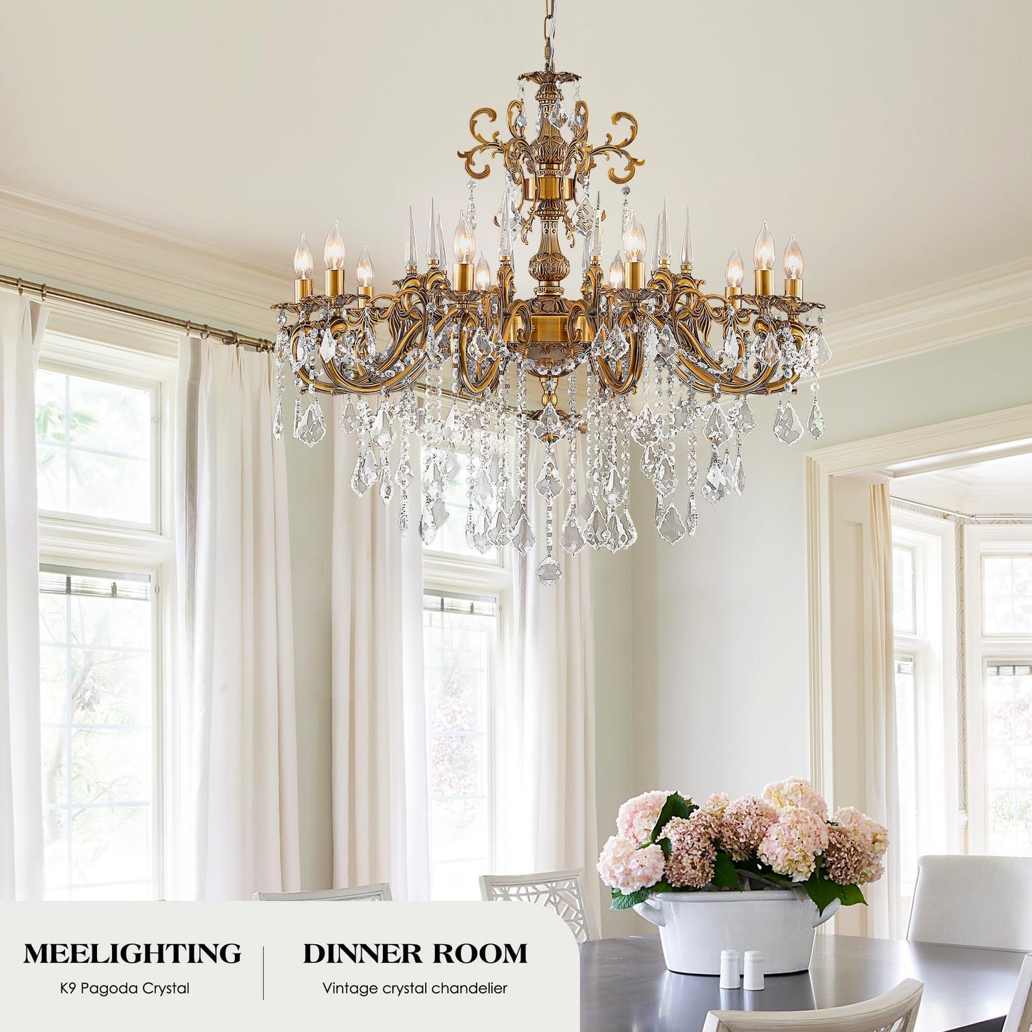 MEELIGHTING Gold Crystal Chandelier, 10-Light Antique Bronze Candle Pendant Ceiling Light Fixture with K9 Crystals for Dining and Living Room, Bedroom, Kitchen Island, Hallway, Dia 36"