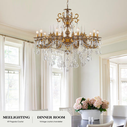 MEELIGHTING Gold Crystal Chandelier, 10-Light Antique Bronze Candle Pendant Ceiling Light Fixture with K9 Crystals for Dining and Living Room, Bedroom, Kitchen Island, Hallway, Dia 36"