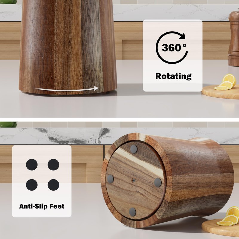 Segtenant Utensil Holder, Acacia Wood Utensil Holder for Kitchen Counter, 360° Rotating Cooking Utensil Crocks for Countertop, 7.2" Large Utensil Organizer for Spatula Storage