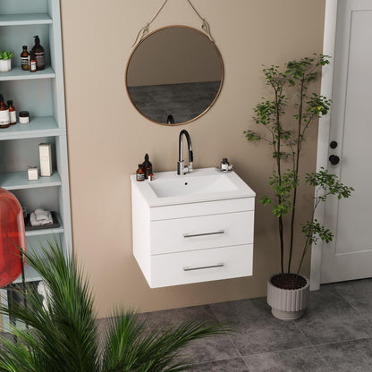 KEIKI 24" Gloss Wall-Mounted Bathroom Vanity with Ceramic Sink, Double Soft-Close Drawers, Modern Minimalist Design