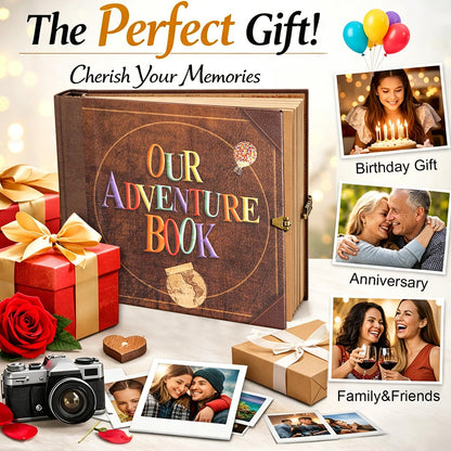 Our Adventure Book 8.9 x 7.9 Inch 80 Pages Scrapbook Photo Album with Scrapbooking Supplies, 3D Retro Embossed Letter Leather Hard Cover Movie Up Travel Journal Memory Book For Couples，Christmas gifts