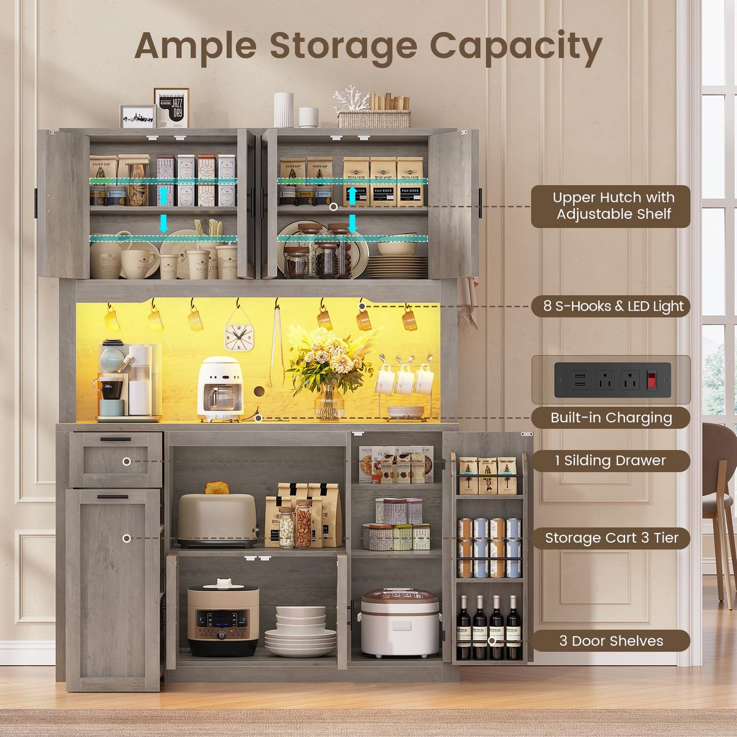 Itaar 71" Pantry Cabinet with Charging Station and LED Light, Kitchen Pantry Cabinet with Microwave Stand, 47.2" Wide Kitchen Storage Cabinets with Storage Cart 3 Tier for Dining Room, Grey
