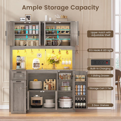 Itaar 71" Pantry Cabinet with Charging Station and LED Light, Kitchen Pantry Cabinet with Microwave Stand, 47.2" Wide Kitchen Storage Cabinets with Storage Cart 3 Tier for Dining Room, Grey