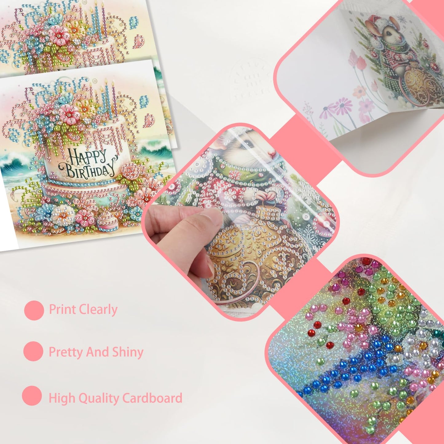 JISHSHAY 6 PCS Diamond Painting Happy Birthday Cards Flower Cake Diamond Art Greeting Cards with Envelopes Gem Art Gem Painting Embroidery Kit Mosaic Kits for Adults with Special Shape Drills