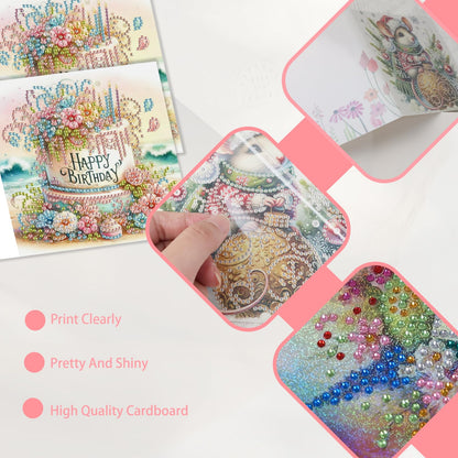 JISHSHAY 6 PCS Diamond Painting Happy Birthday Cards Flower Cake Diamond Art Greeting Cards with Envelopes Gem Art Gem Painting Embroidery Kit Mosaic Kits for Adults with Special Shape Drills