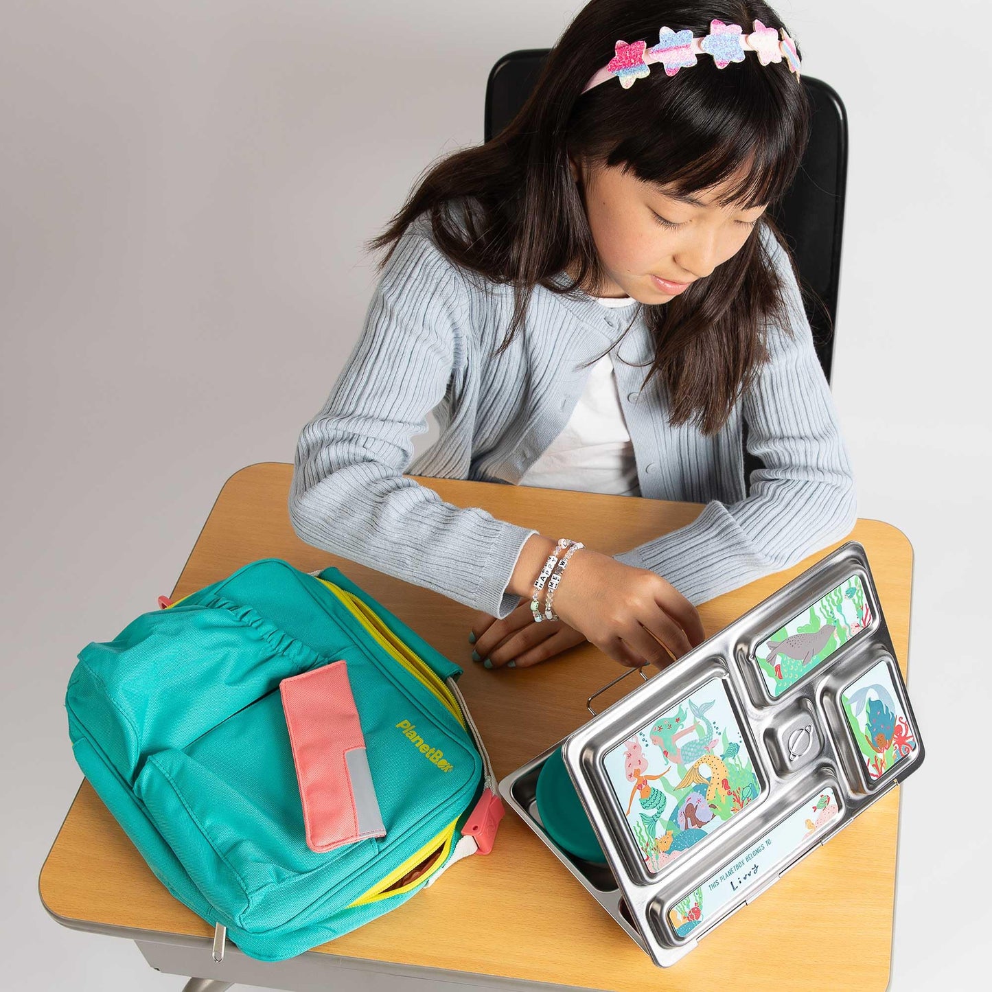 PlanetBox Rover Stainless Steel Bento Box Style Lunch Box Kit for Kids with 5 Compartments, Includes Insulated Lunch Bag, Leakproof Food Containers and Matching Mermaid Lagoon Magnets