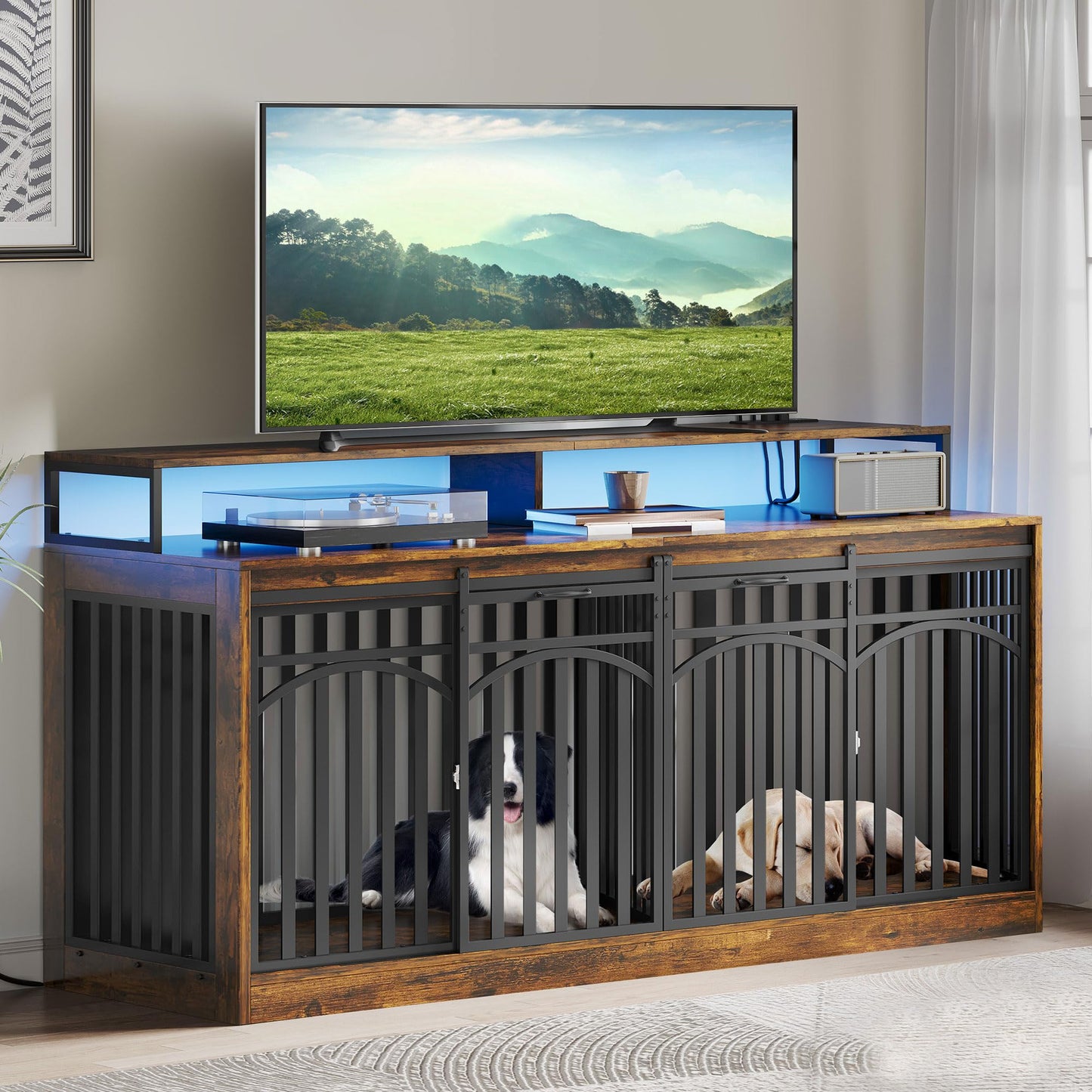 DWVO 71" Double Dog Crate Furniture with LED Light & Power Outlets, Heavy Duty Dual Dog Kennel TV Stand w Storage Shelves Sliding Doors, Wooden Two Dog Cage Table 2 Medium Large Dogs, Rustic Brown