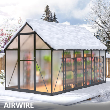 AirWire 6x10.86 FT Quick Setup Polycarbonate Greenhouse with Roof Vent, Large Heavy Duty Aluminum Walk-in Green House for Outdoor Garden Backyard Outsides, Black