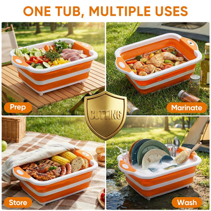Collapsible BBQ Prep Tub with Lid, Foldable Camping Sink with Colander, Cutting Board, Dish Basin for Kitchen, Bowl, Vegetable and Fruit, Storage Basket for Picnic-Orange