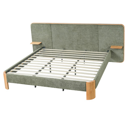 Christopher Knight Home Lana Boucle Upholstered King Bed Frame and Headboard, King Size Bed Frame with Built-in Floating Shelves, Metal + Wooden Slats Support, No Box Spring Needed, Green + Natural