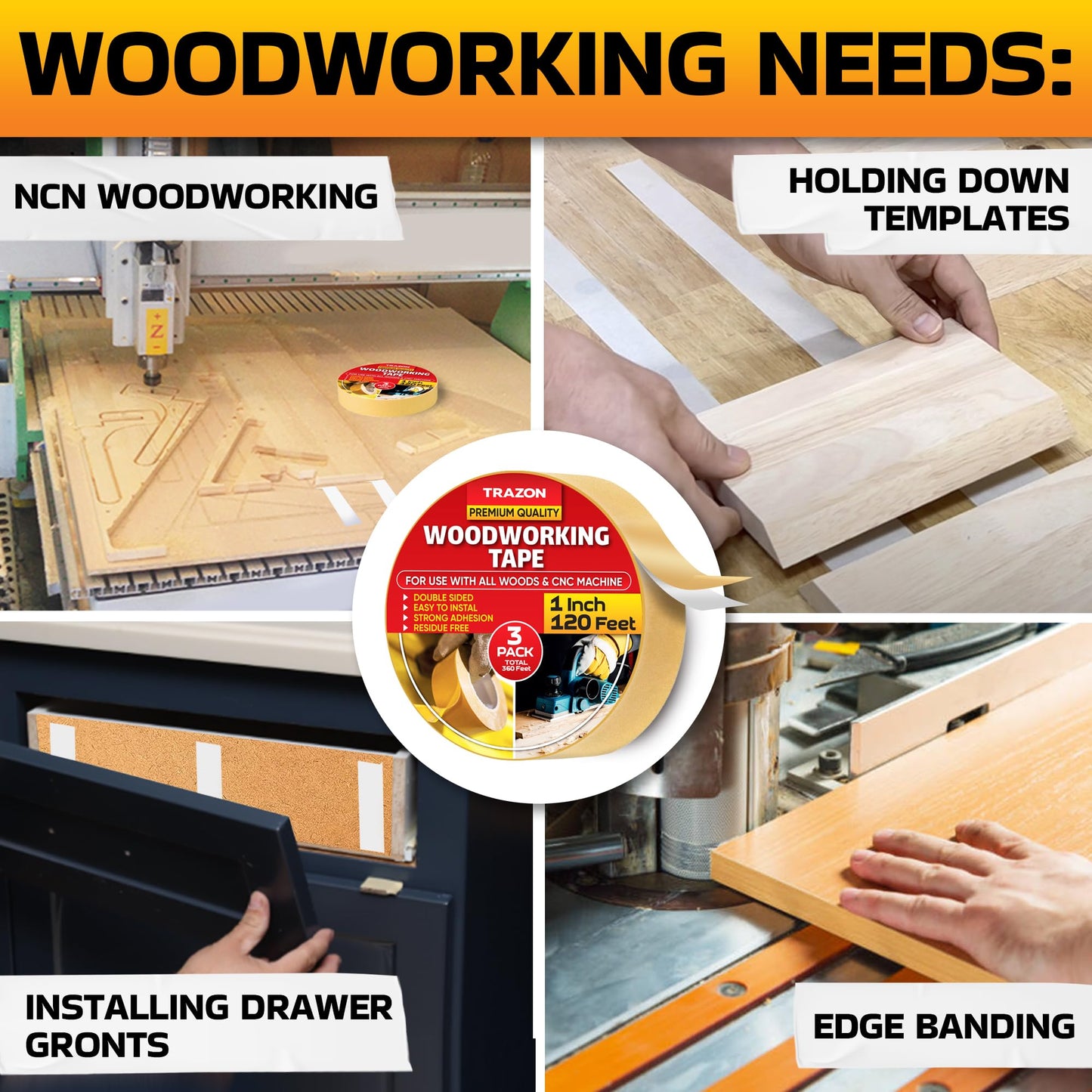 Trazon Double Sided Woodworking Tape Super Strong, 3 Pack, 1 Inch x 120 Feet, Wood Crafter Sticky Tool, Two Side Adhesive for Router Templates and CNC Machine, Removable & Residue Free
