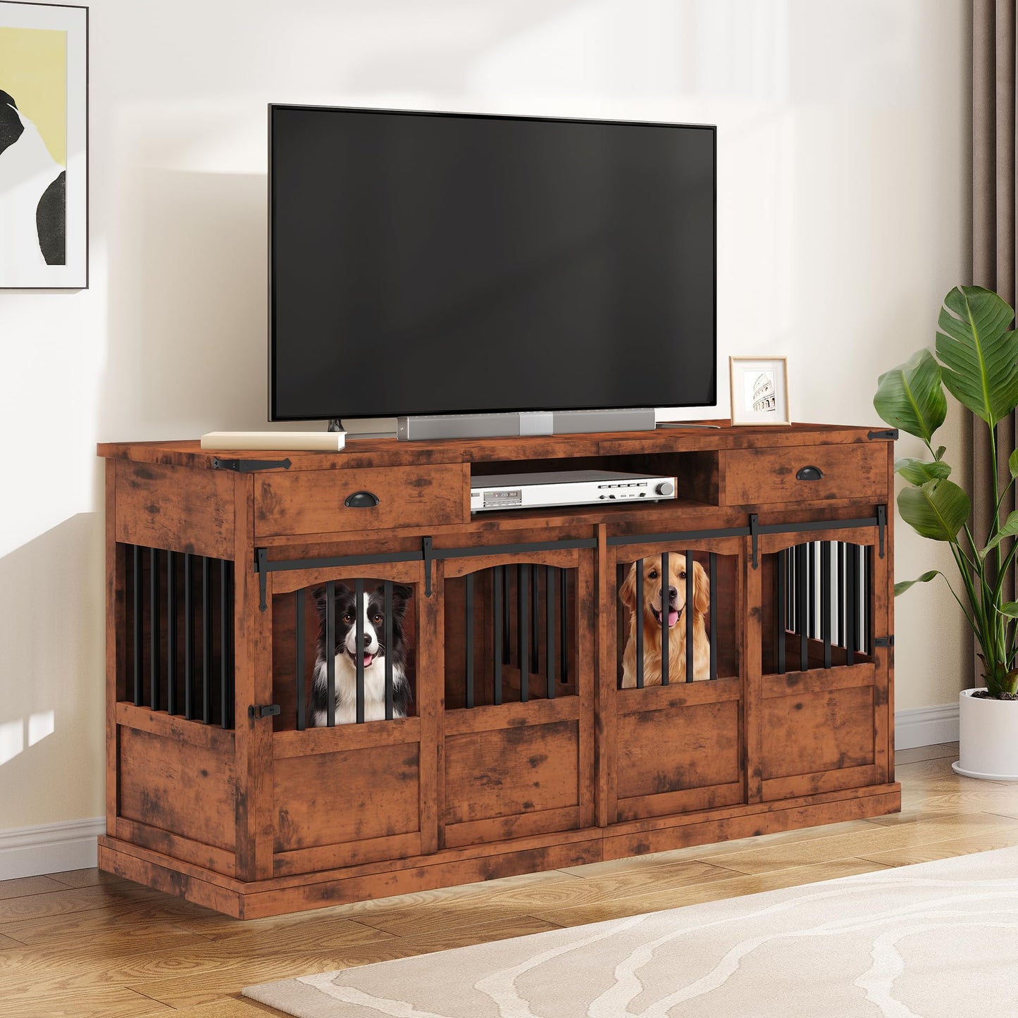 Homiflex 72" Double Dog Crate Furniture with Storage for 2 Medium Large Dogs Farmhouse Wooden Dog Kennel Furniture with 2 Sliding Doors Divider & Power Outlets Decorative Dog Cage TV Stand, Brown