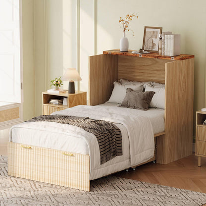 VINGLI Twin Murphy Bed with Storage Drawer,Fluted Wooden Foldable Bed Cabinet with Charging Station,Boho,Hideaway Paltform Panel Bed for Small Spaces,Guest Room,Office,Apartment,Beige