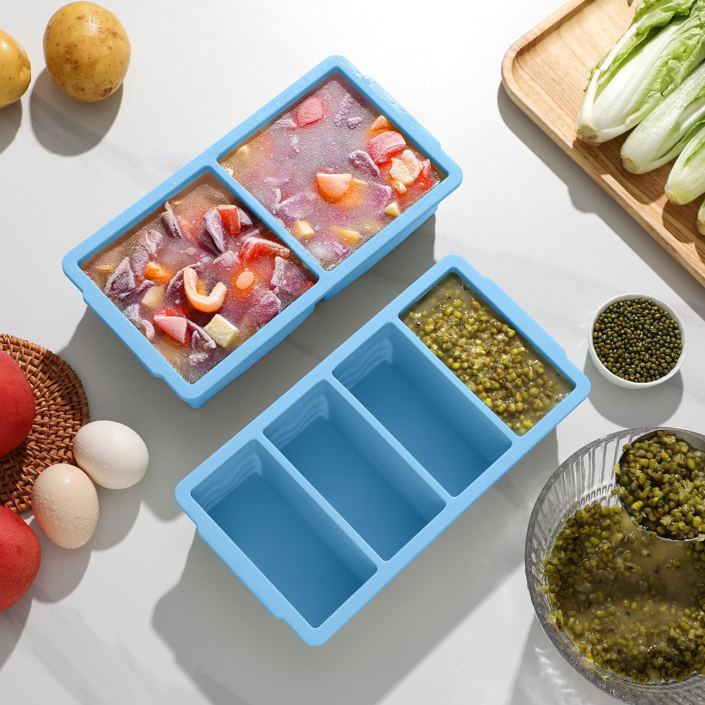 Silicone Freezer Molds for Soup with Lid, 1-Cup & 2-Cup Large Ice Cube Trays Food Storage Containers for Meal Prep, Freeze 500mL/250mL/125mL Portions – 2 Pack