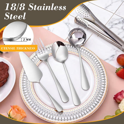 Dualshine 10PCS 18/8 Stainless Steel Serving Utensils Set for Parties, Kitchen Serving Tools-Include Serving Spoons, Slotted Spoons, Serving Forks Tongs Soup Ladle, Cake Pie Server for Buffet, Wedding
