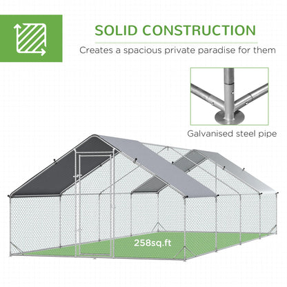 PawHut Large Chicken Coop Metal Chicken Run with Waterproof and Anti-UV Cover, Spire Shaped Walk in Fence Cage Hen House for Outdoor and Yard Farm Use, 1" Tube Diameter, 9.8' x 26.2' x 6.6'